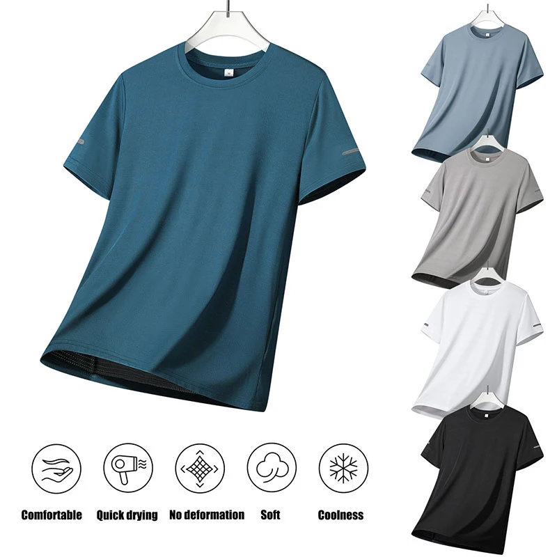 Camiseta Deportiva de Manga Corta para Hombre, de Seda Helada, Secado Rápido, Transpirable, Fresca, para Ciclismo y Fitness, Cuello Redondo