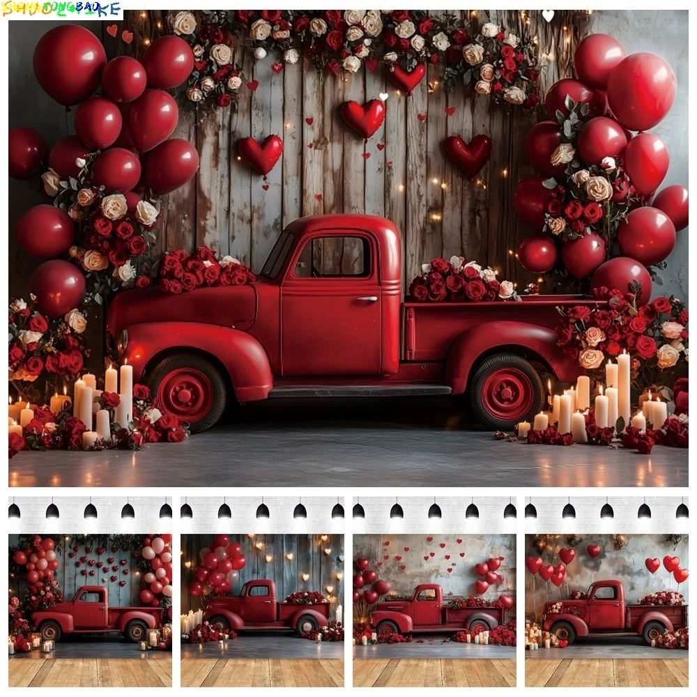 Valentinstag Rotes Auto Fotografie Hintergrund Luftballons Liebe Herz Rose Blumen Süßes Paar Porträt Foto Hintergrund Dekor Banner