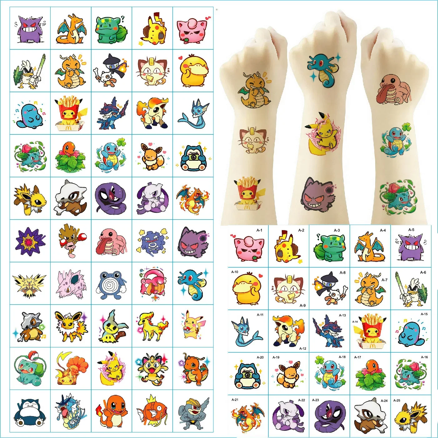 50 Stück Pikachu Tattoo-Aufkleber, wasserfest, niedliche Applikationsaufkleber, Geburtstagsgeschenk, Monster-Figuren, Puppen. – Detail 1