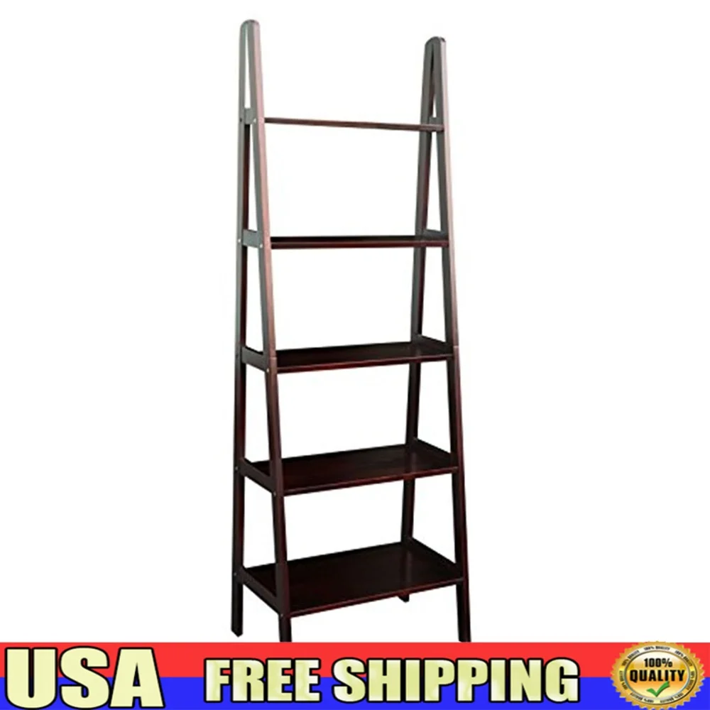 

5-Shelf Ladder Bookcase Solid Wood Corner Storage Unit Books Collectibles Durable Easy Assembly Modern Decor 72 Inch Height