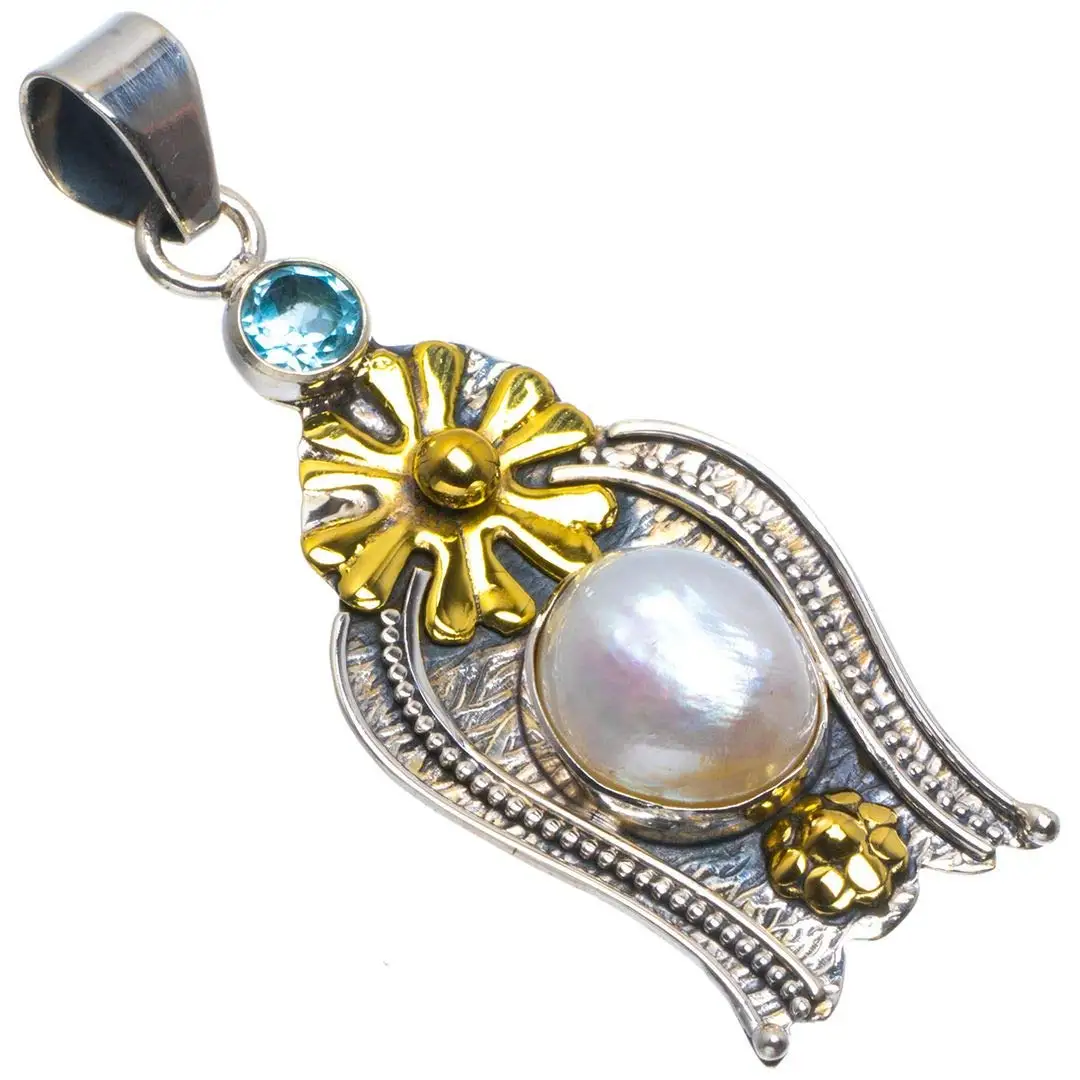 StarGems® Natural Two Tones Biwa Pearl and Blue Topaz Handmade Unique 925 Sterling Silver Pendant 2