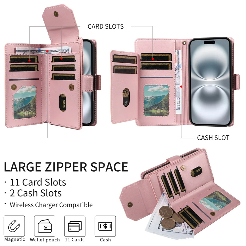 Ypm portefeuille Flip étui de téléphone en cuir pour IPhone 16 ProMax1615 Plus 14 13 12 11 X XR XS 7 8 Etui sac à main multi-fentes pour cartes Coque