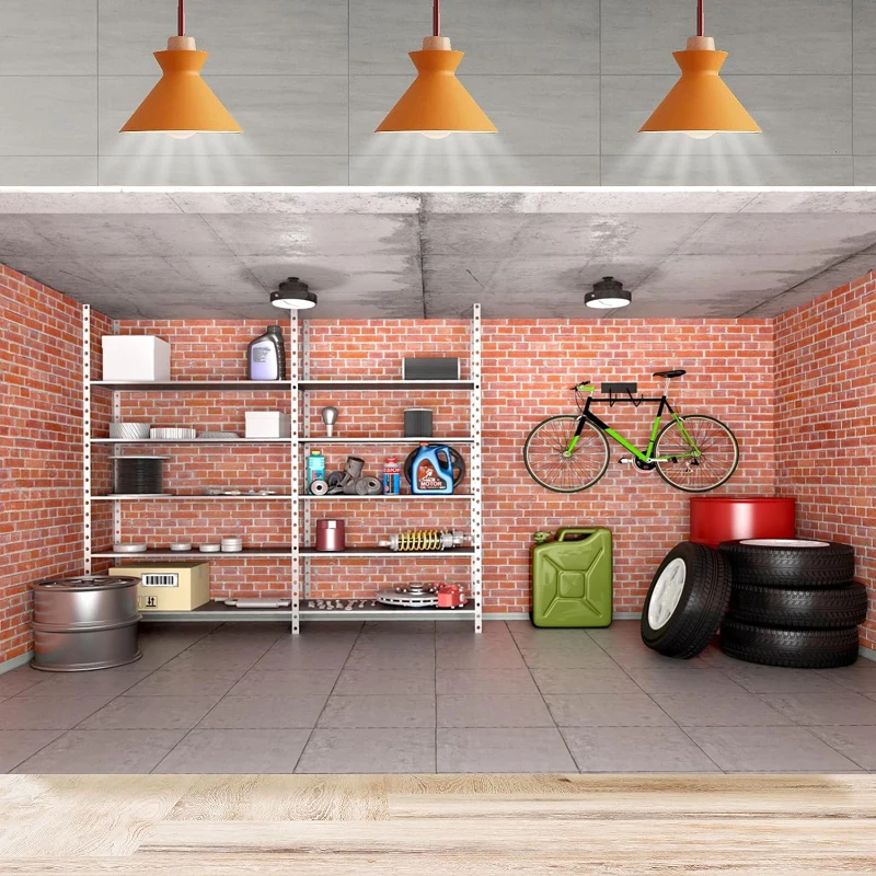 

Red Brick Wall Indoor Garage Photography Backdrop Neat Garage With Tools Equipment Wheels Bike Shelves Background For Men Father