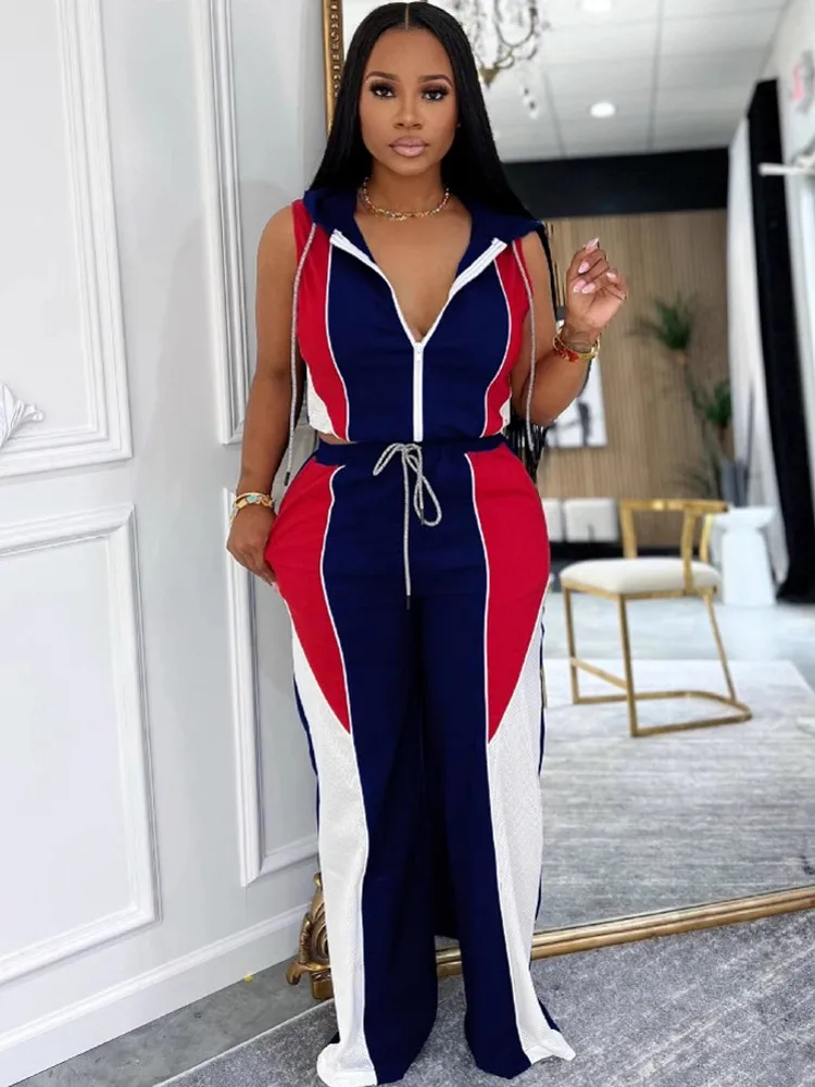 

2 Pieces Women's Sets 2025 Summer Autumn Sleeveless Suit Hoodies Tops And Wide Leg Pants Suits Two Piece Set Tracksuit Outfit