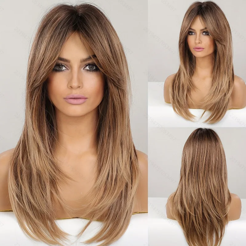 

Layered Gradient Mixed Color Eight-Character Bangs Middle Part Slightly Curly Long Hair Synthetic Wig Cap