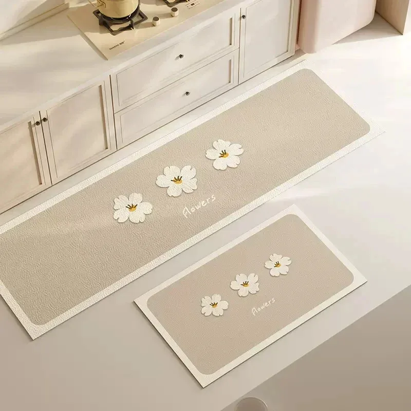 VIKAMA 1/2 tapis de cuisine style crème, tapis de salle de bain, antidérapant, absorbant l'eau, paillasson d'entrée, décoration de la maison