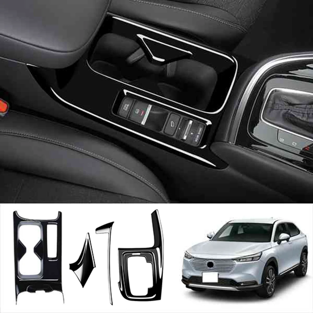 Car Center Console Cup Holder Gear Panel Decoration Cover Trim Stickers for Honda HR-V Vezel 2021 2022 Glossy Black RHD