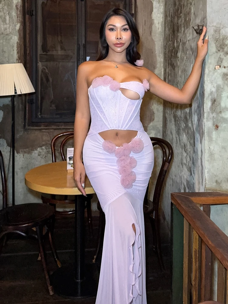 Luxuriöses Korsett-Abendkleid mit Blumenapplikationen – trägerloses Meerjungfrauenkleid mit Ausschnitten, elegantes Kleid mit langer Schleppe für Partys und Bühnen