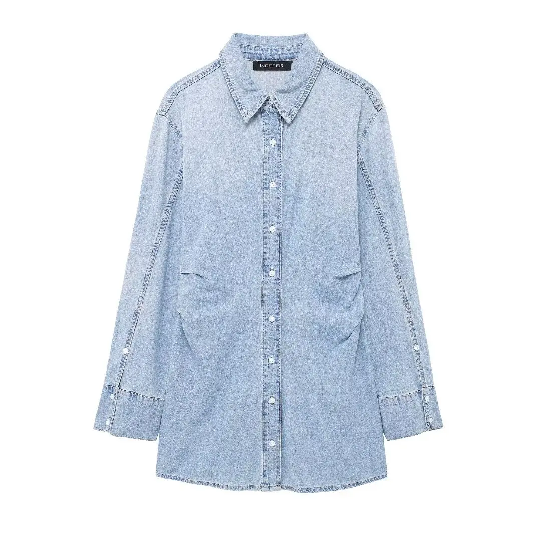 Mini robe en denim à manches longues pour femmes, chemise Joker, rétro, chic, décontracté, nouvelle mode, 2024