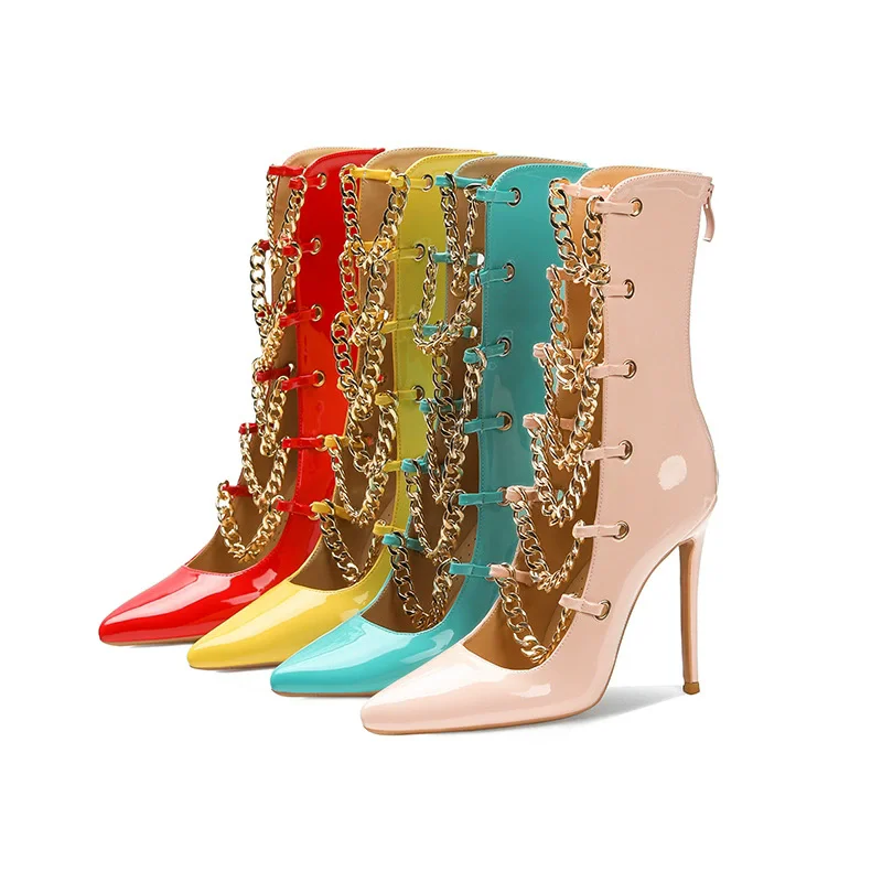 Autumn new style pointed metal chain back zipper high tube cool boots, runway dress, large size slim high-heeled women's shoes