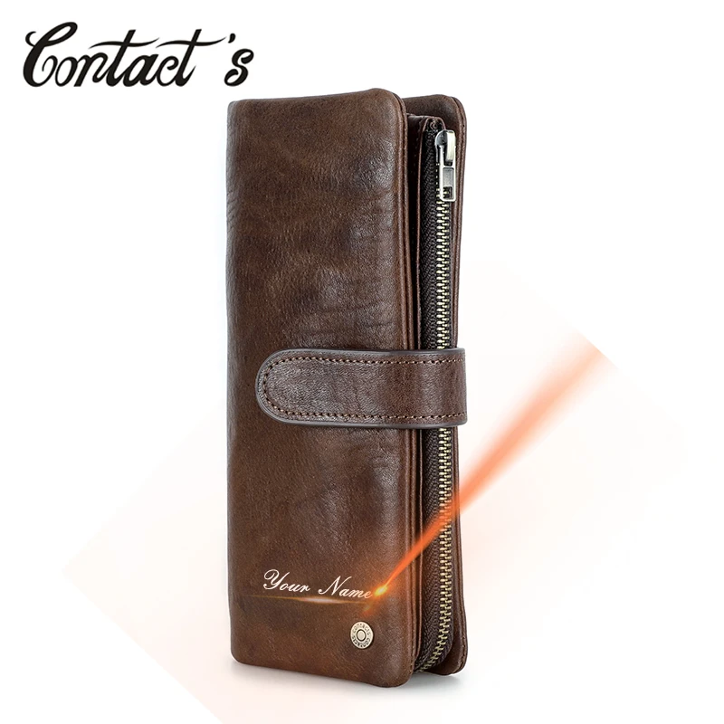 Contact's Genuine Leather Men Long Wallet RFID Zipper Clutch Wallet with Phone Pocket Male Card Holder Purse Hasp Handbag