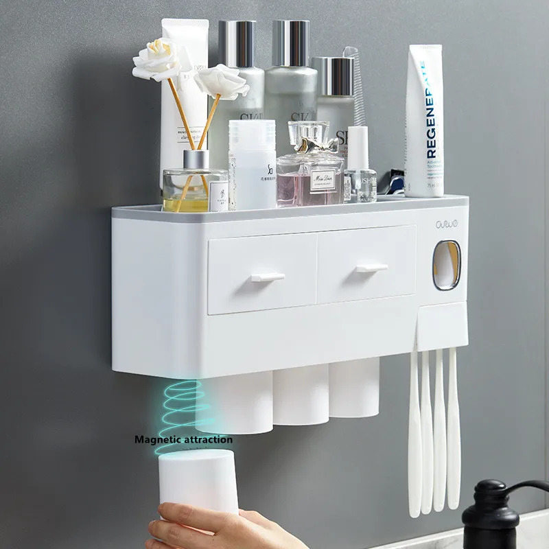 Wall-mounted Toothbrush Storage Holder Toothpaste Squeezer Punch-free Bathroom Storage Containers With Cup Toothpaste Dispenser