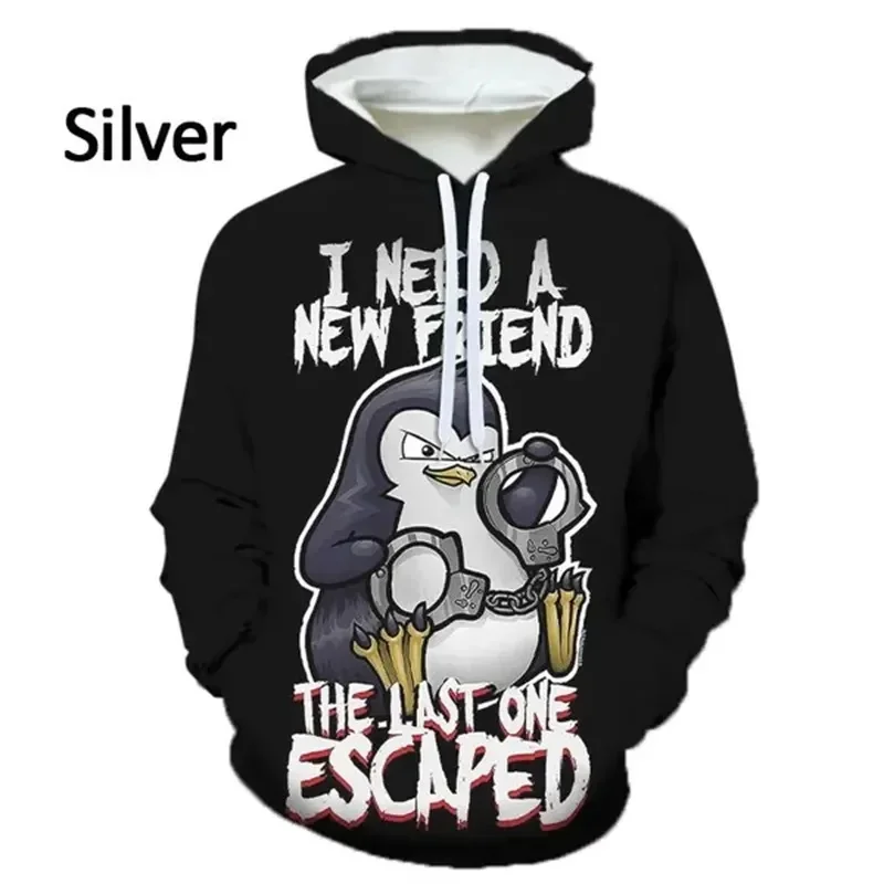 Unisex Cool Crazy‑Style Penguin Art Graphic Drawstring Hoodie, 3D‑Print Long‑Sleeve Casual Street‑Wear Pullover Sweatshirt Tops