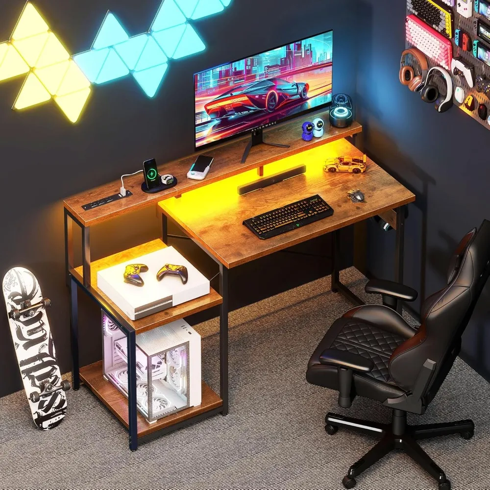 

Computer Desk, 48 Inch Gaming Desk with Led Lights & Power Outlet, Office Desk with Storage Shelves