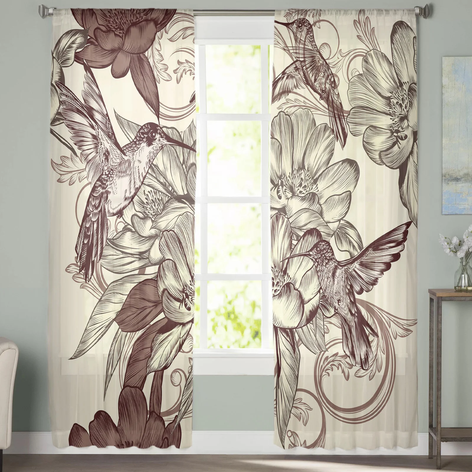 Gorgeous Retro Art Hummingbird Sheer Curtain for Living Room Bedroom Voile Drape Kitchen Window Tulle Curtains Home Essentials