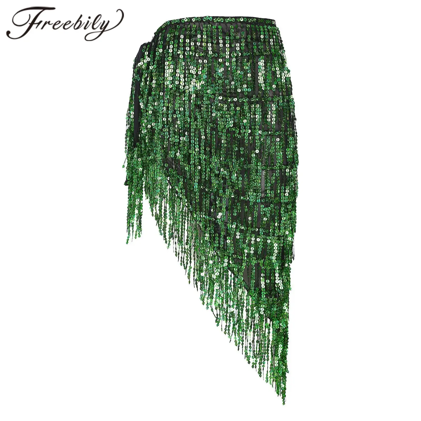 Womens Sparkly Sequin Tassels Skirt Ladies Belly Dance Performance Costume Lace-up Asymmetrical Hip Scarf Latin Chacha Dancewear