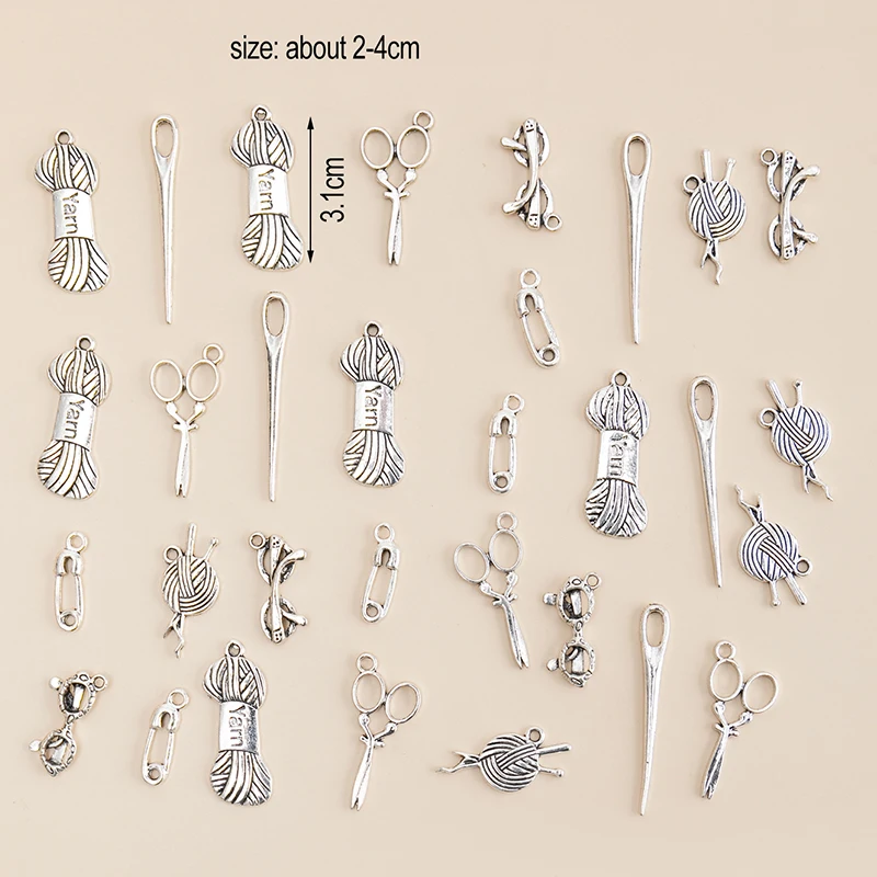 31pcs/lot Mixed Tibetan Silver Color Wool Yarn Ball Needle Charms Pendants DIY Necklace Bracelet For Jewelry Making Accessories
