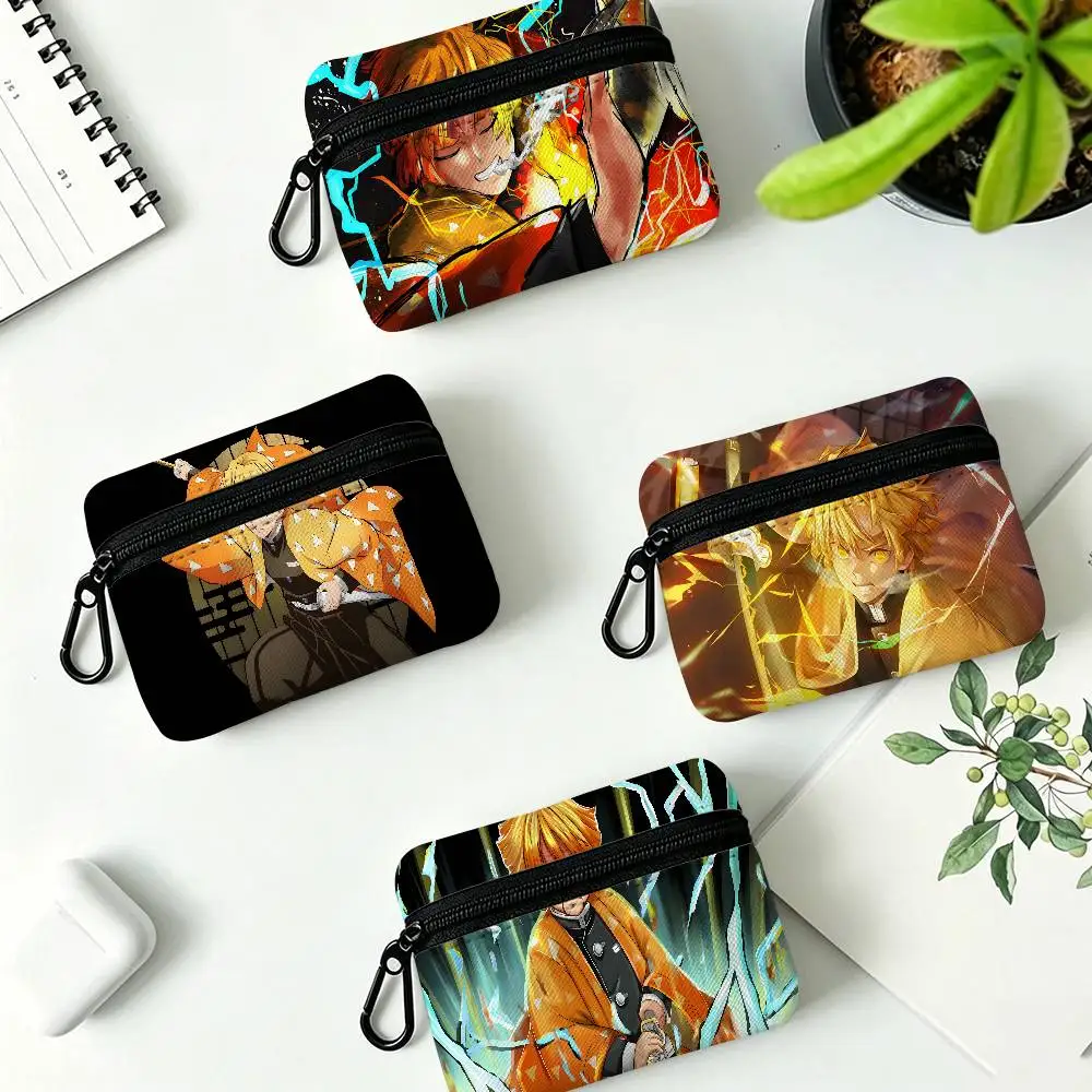 Anime Character Agatsuma Zenits Portable Oxford Fabric Mini Wallet Carabiner Design Small Coin Bag For Cards Keys Earphones