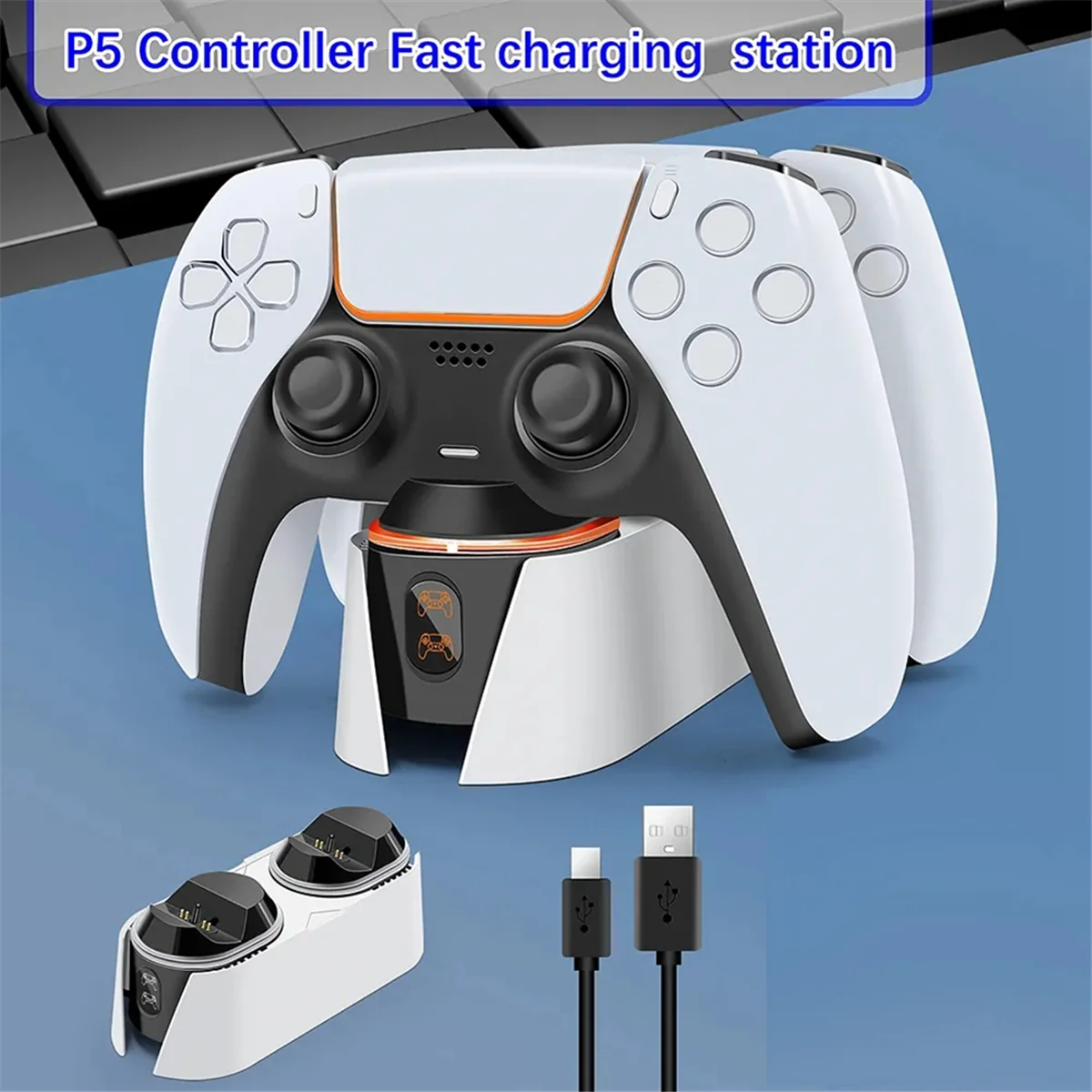 شاحن مزدوج سريع لوحدة التحكم اللاسلكية PS5، قاعدة شحن USB، حامل LED للوحة ألعاب عصا التحكم PlayStation 5