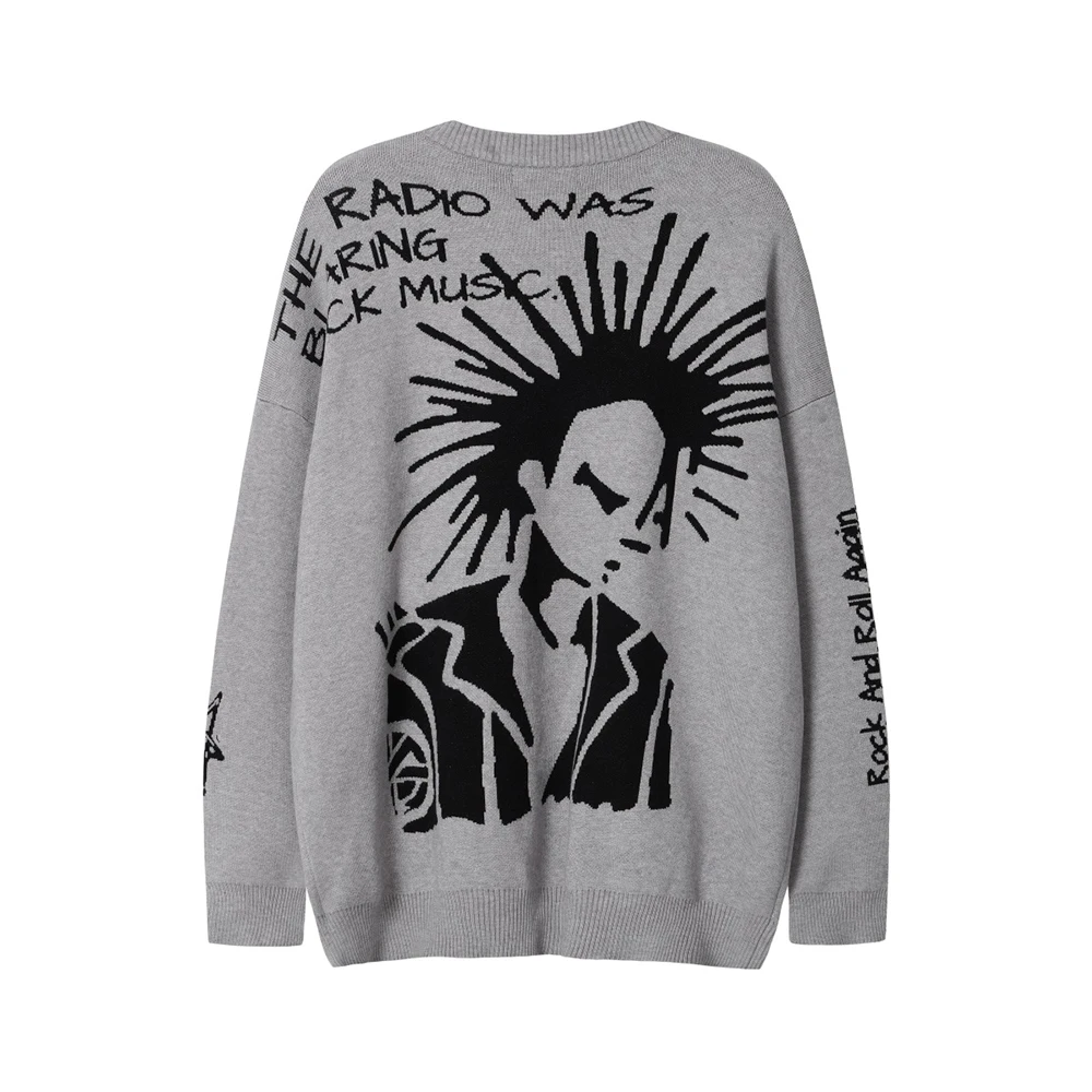 High Street Letter Graffiti Baggy Pullover Sweater for Men and Women Round Neck Black Gray Knitted Wool Sweaters Oversized