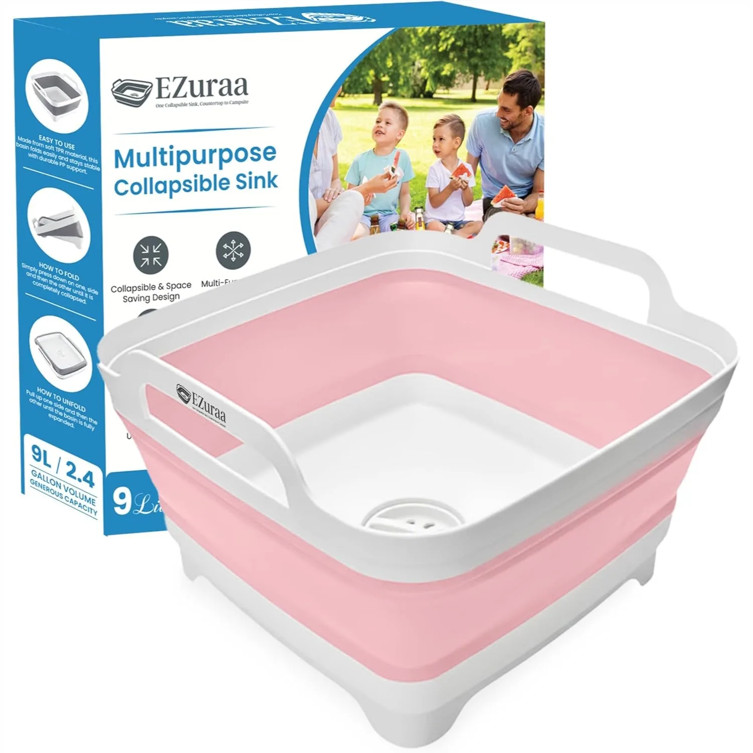 

2.4 gal Collapsible Dish Basin with Drain Plug, Portable Sink for Kitchen and Camping