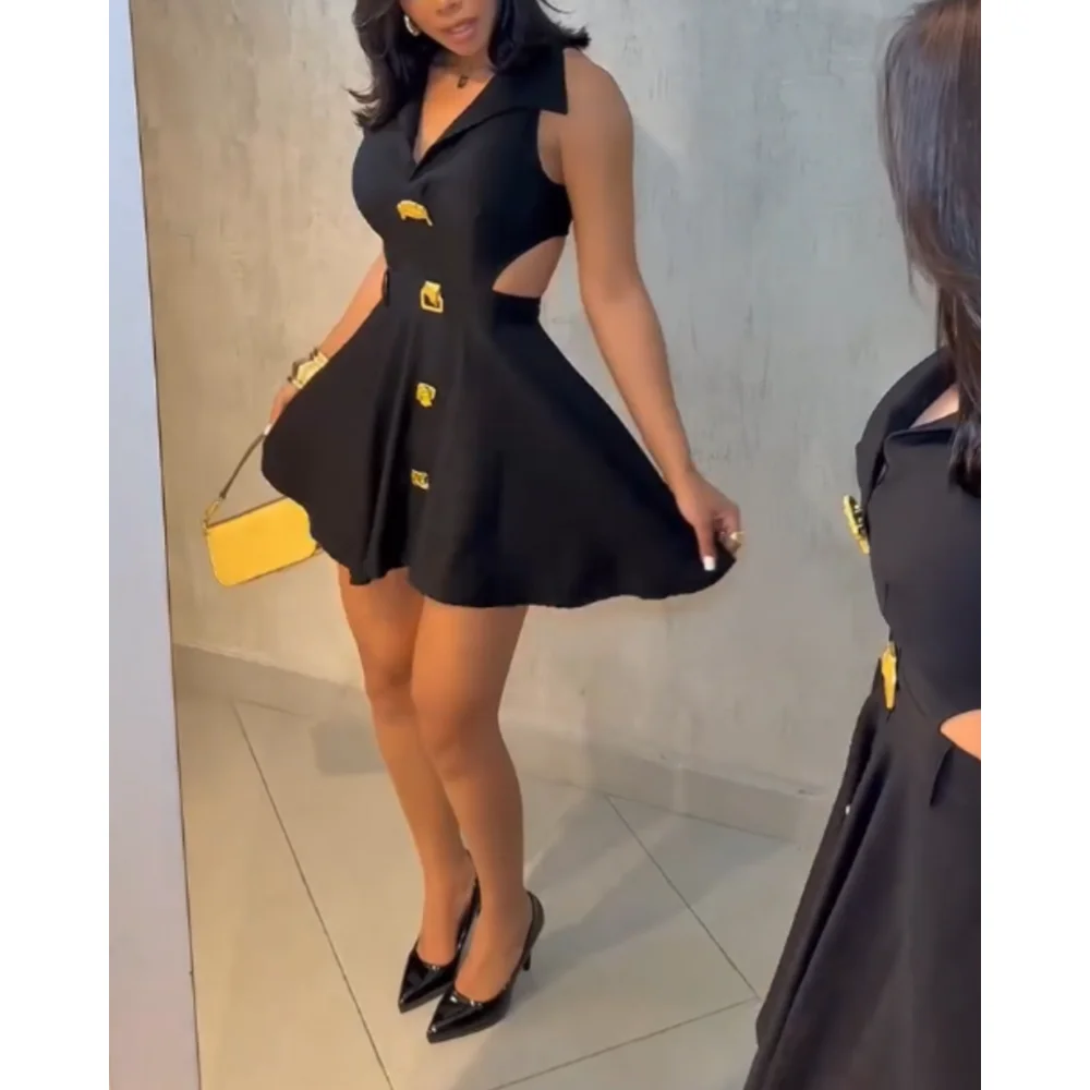 Vestido feminino com decote em v, botão de metal, gola virada para baixo, sem mangas, recorte de cintura, vestido de festa, zíper, costas, cintura cinched, linha a