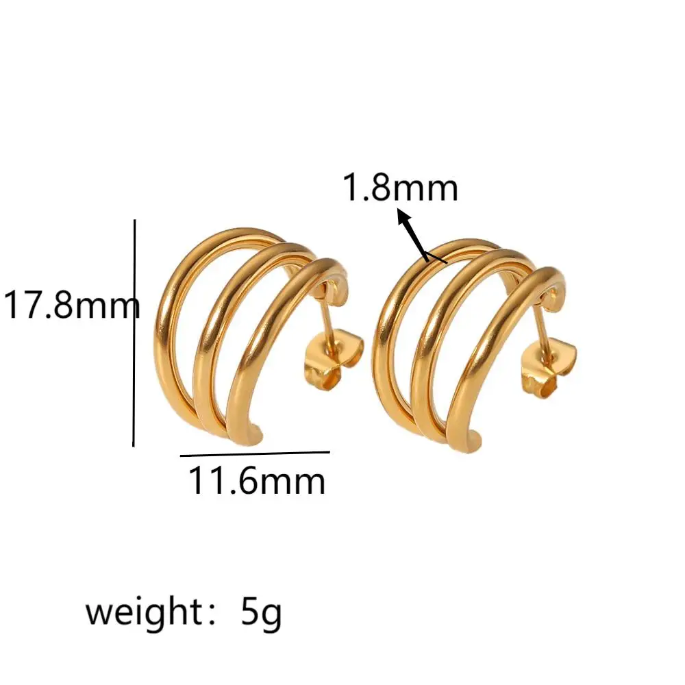 Klobige Dreifach-Creolen, 18K vergoldet, Edelstahl, feiner Schmuck, minimalistische, auffällige dreilagige Ohrringe für Damen – Detail 4