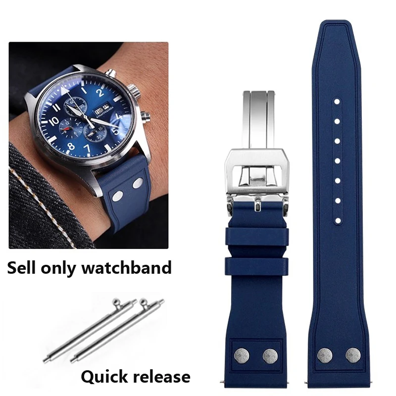 20mm 21mm 22mm Nature Soft Fluororubber FKM Rubber Watchband For IWC Strap Big Pilot Portofino TOP GUN Watch Band With Rivet