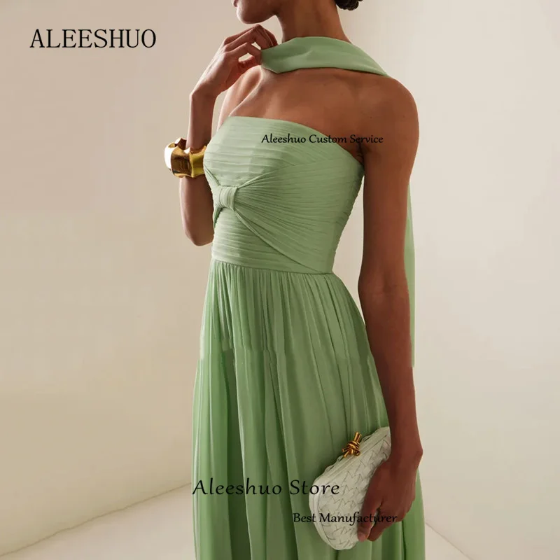 Aleeshuo Modern Straight Green Prom Dresses Sexy Strapless Pleated Sleeveless Evening Dress Backless Zipper Vestido De Noche2024