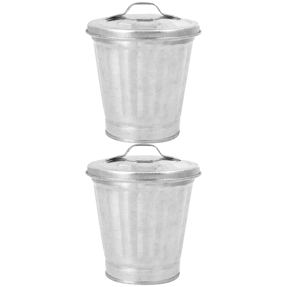 2 Pcs Mini Trash Can Pots for Indoor Plants Wastebasket Small Galvanized Bucket Iron Nursery Baby with Lid