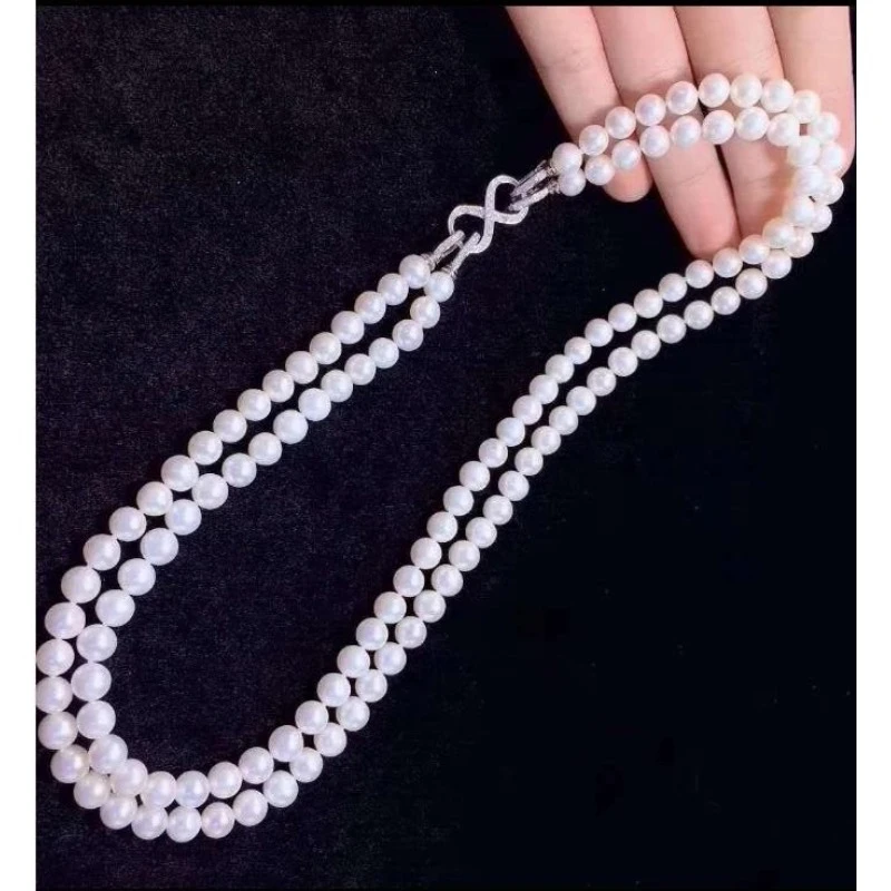 Double Strand AAAA 7-8mm Natural Round Akoya White Women's Pearl Necklace 18 Inch 925 Silver