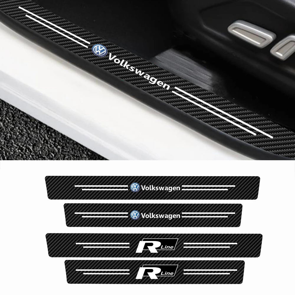 4Pcs Leather Carbon fiber Car Door Sills Anti Scratch Protector Stickers Accessories For Volkswagen VW R Line R32 Touareg Golf 6