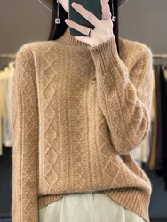 Women Autumn Winter Sweater Twist Flower Thick 100% Merino Wool Mock-neck Casual Cashmere Knitwaer Pullover Korean Fashion Tops