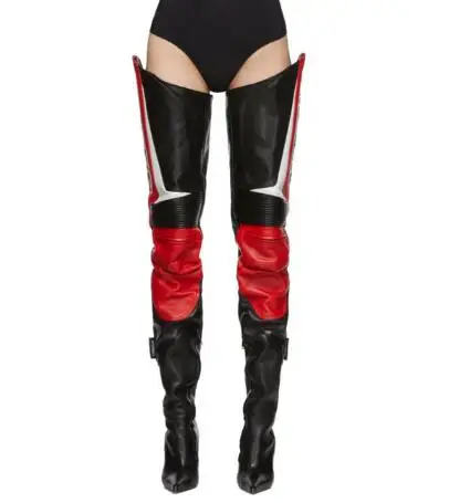 Red Black White Patchwork Matte Leather Pointed Toe Thin Heels Over The Knee Thigh Boots Women Sexy Hidden Zipper Long Botas