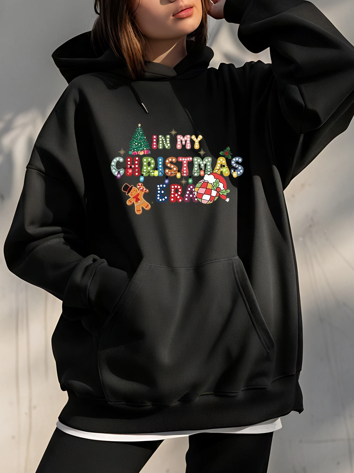 Christmas Print Hoodie with Festive Details and Holiday Motifs for Women Casual Wear Winter Outfit