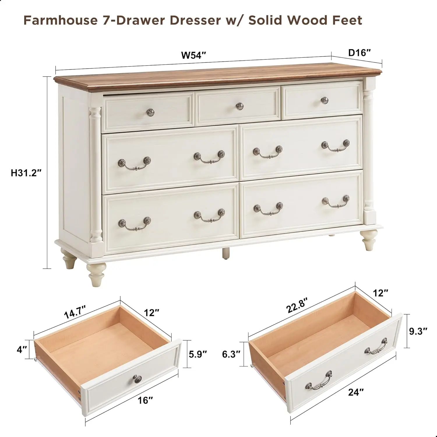 Farmhouse 7 Drawers Dresser Chests for Bedroom w/ 4 Solid Wood Feet & Column Decor, Tall Wide Wood Country Rustic Chest