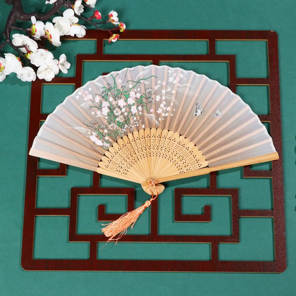 Retro Home Decoration Elegent Flower Pattern Bamboo Folding Fan Handheld Fan Chinese Style Painting Dance Performance Props