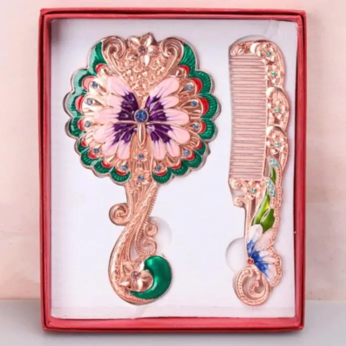 กระจกพกพาแบบย้อนยุคคุณภาพสูง ดีไซน์หรูหรา พร้อมหวี ขนาดเล็ก น่ารัก สไตล์เจ้าหญิง