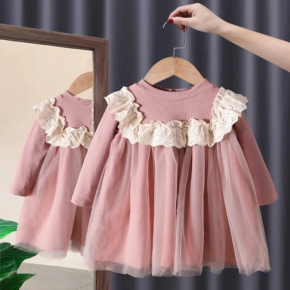 Falda para niñas primavera y otoño nuevo vestido de princesa moda de algodón vestido de manga larga vestido de gasa versión coreana falda extranjera