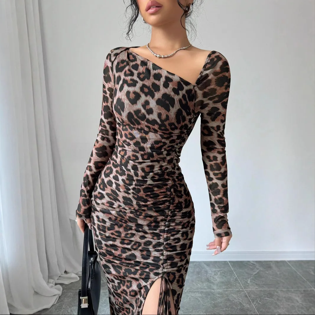 

Women's Long-sleeved Dress Diagonal Collar High Waist Slim Fit Fashion Leopard Print Slit Hot Girl Hip-packing Sexy Long Skirt
