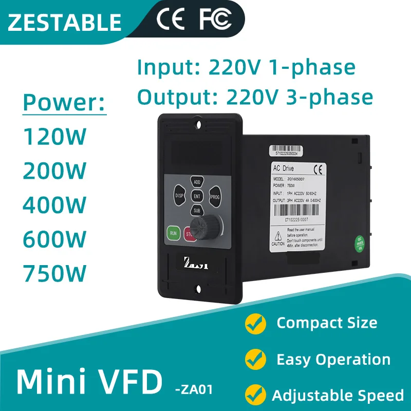 Economical Mini VFD Variable Frequency Drive 220V 0.12KW/0.2KW/0.4KW/0.6KW/0.75KW Mini Inverter for AC Motor Speed Control