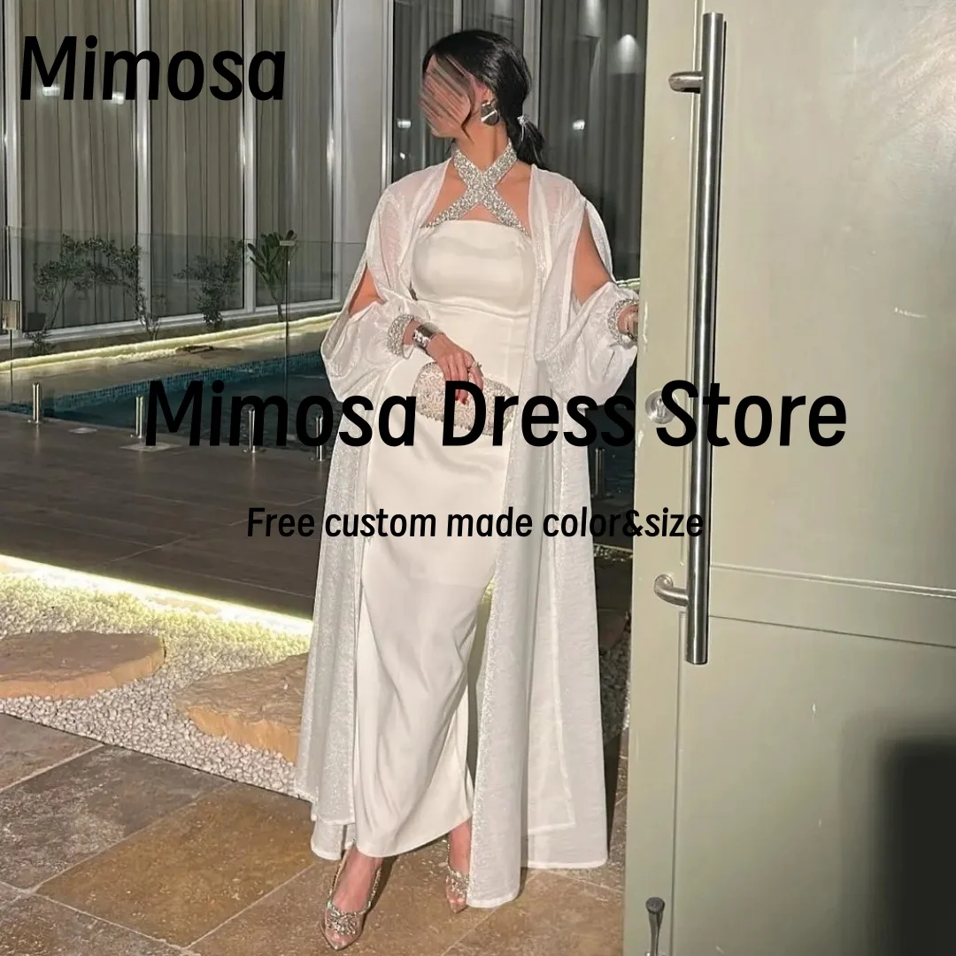 Mimosa Vestidos De Noches Beading Criss Cross Halter Neck Prom Dresses Long Sleeves Dustcoat Evening Gowns Two Pieces Customized