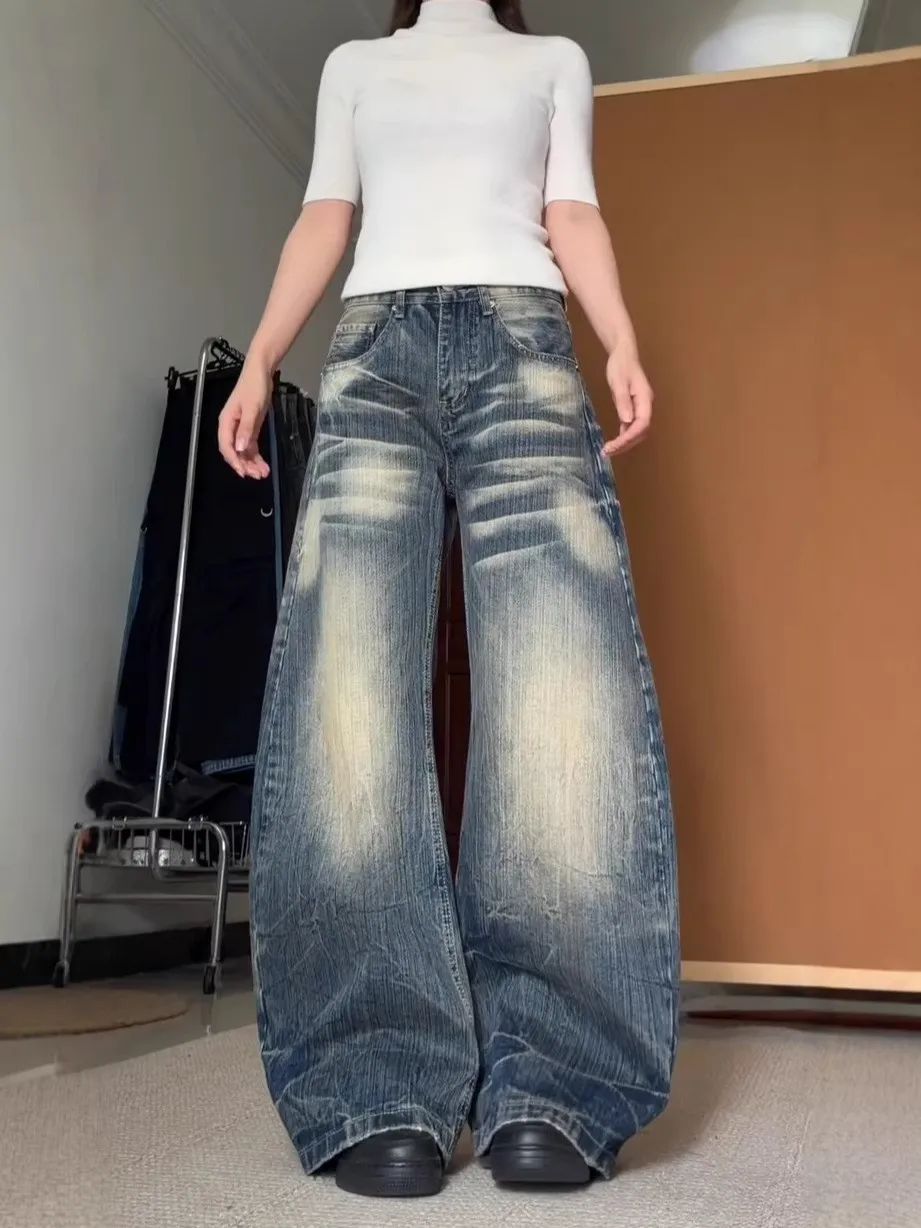 

American Style Large Size Washed Casual Denim Jeans Women's Loose Design Trendy All-Match Slim Wide Leg Knife Pants