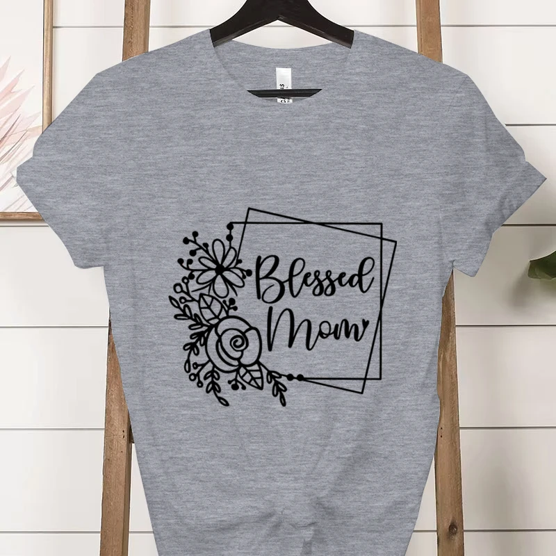 Mother's Birthday T-shirts Blessed Mom Flower Letter Print T Shirt Women Casual Round Neck Short Sleeve Tees Mama Female Tshirt