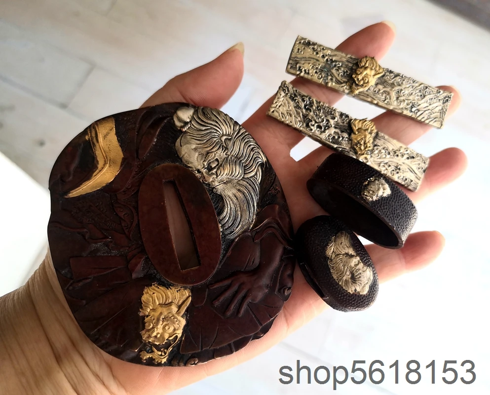dieux-et-demons-en-cuivre-dore-tsuba-fuchi-menuki-pour-epee-japonaise-katana-wakizashi-tanto