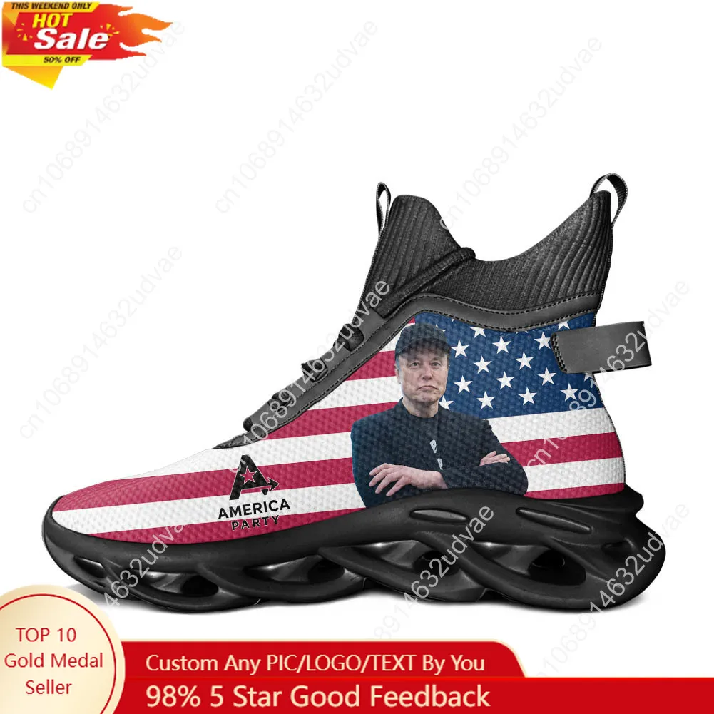 

America Party High Top Running Shoes Mens Womens Casual Sneaker Elon Musk Durable Mesh Footwear Custom Soft Elastic Shoe Black