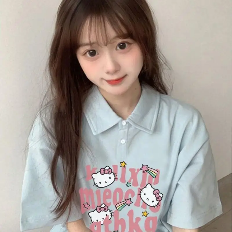 

Новая хлопковая футболка с короткими рукавами Hello Kitty для девочек и женщин, трендовые топы с милым принтом, футболка большого размера унисекс Tide