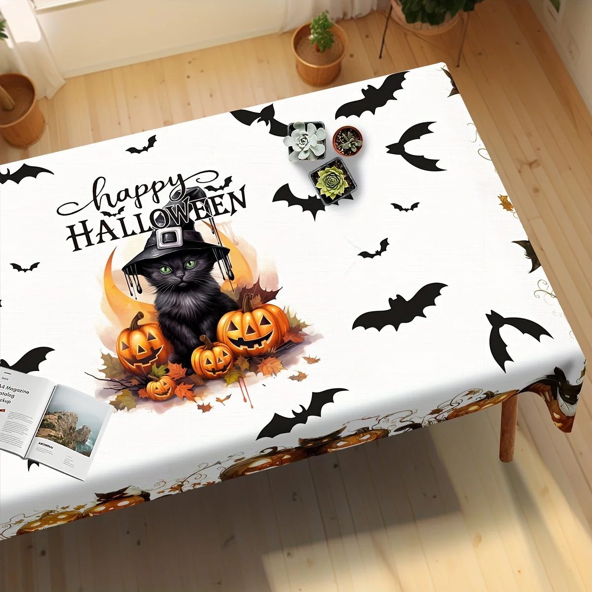 One Christmas cat tablecloth, Halloween pumpkin bat round tablecloth, ghost face pumpkin tablecloth