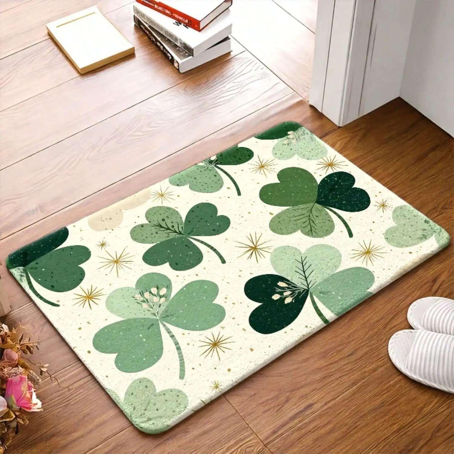 1pc, Three-Leaf Clover Patterned Non-Slip Flannel Mats, Durable And, Machine Washable, Universal Door Mat Carpet, Suitable For Living Room, Bedroom, Office