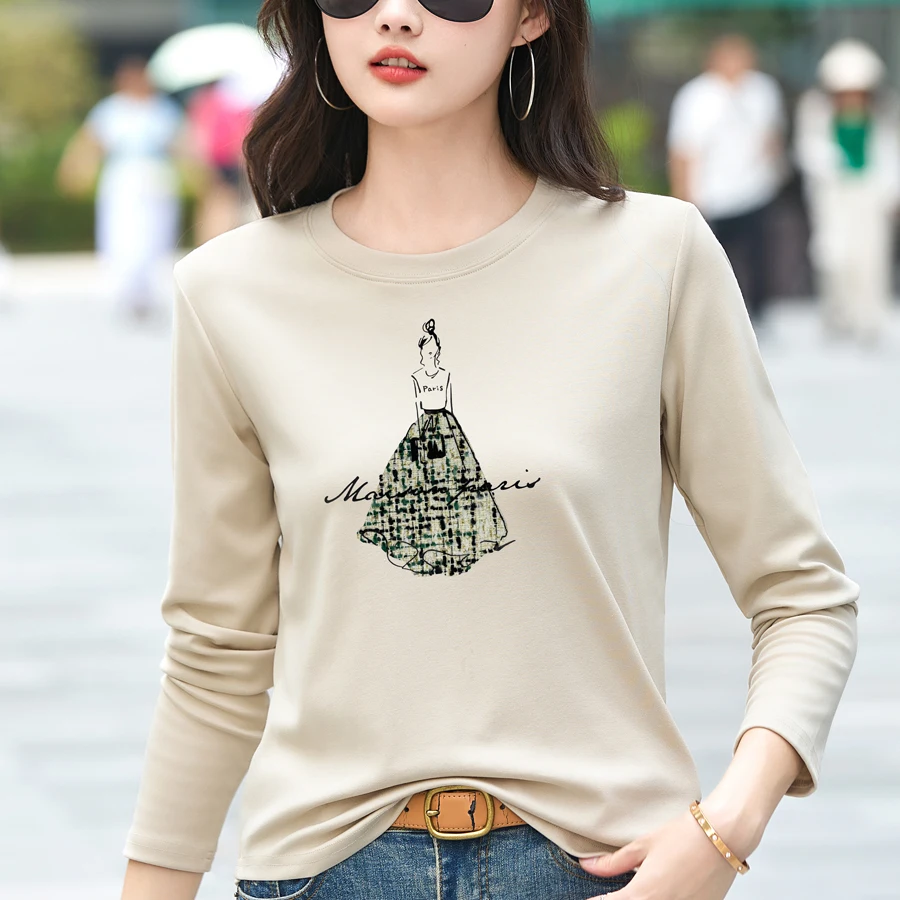 

Long Sleeved T-shirt for Women in 2025 New Style for Spring Autumn White Round Neck Loose Print Slimming Top Base Shirt A260
